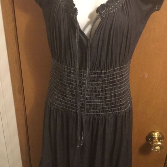 Tiered Ruffle Cinched Waist Boho Peasant Cottagecore Black Jean Maxi Dress 2P - Picture 6 of 10